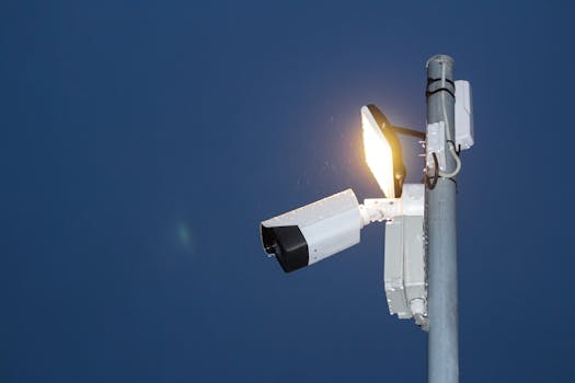 pexels photo 4059469 4059469 Low angle view of a security camera and light against a dark blue night sky.